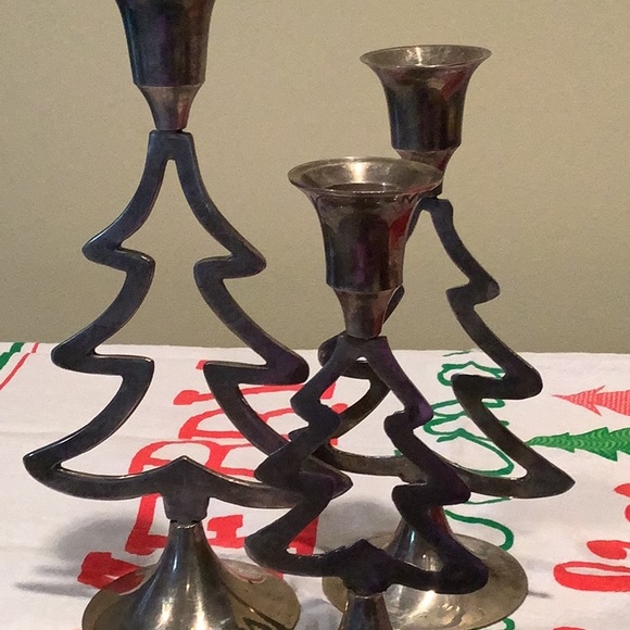 Handmade silver plated set of 3 different size trees candlesticks Christmas - Picture 6 of 6